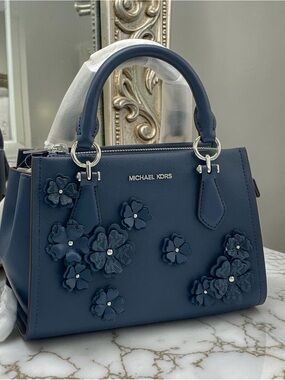Michael Kors Navy Marilyn Small Floral Embellished Satchel